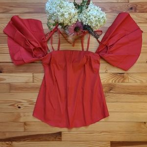WHBM Blouse Off-the-Shoulder Tiered Bell Sleeve Bow Tie Straps Red - size 2